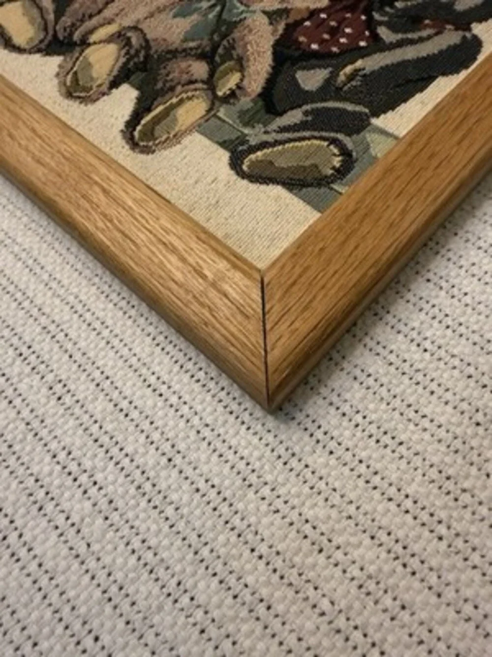 Vintage 90s Dakotah Woven Tapestry Textile Teddy Bears Handmade Oak Frame 36x16